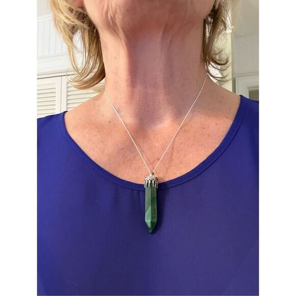 Necklace, Green Malachite Crystal Pendant, Sterling Silver, Handmade, Artisan, - Picture 5 of 6